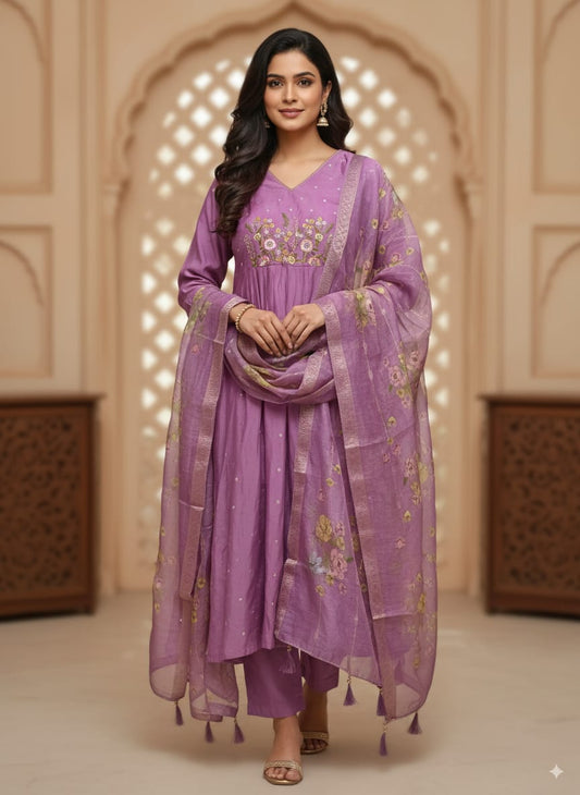 Lavender Mul chanderi kurtaset with organza dupatta
