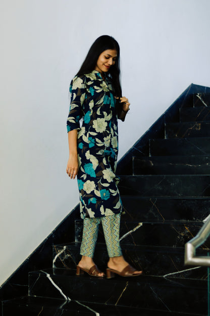 Navy blue cotton floral co-ordset