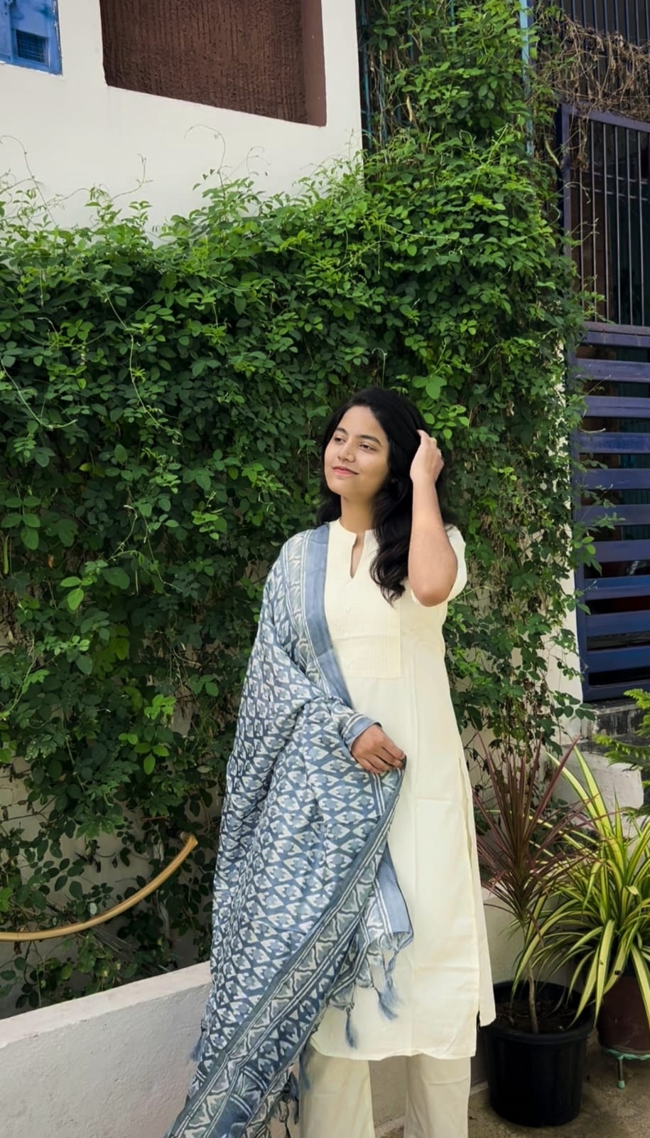 Off-white Rayon Kurtaset with Kalamkari Dupatta