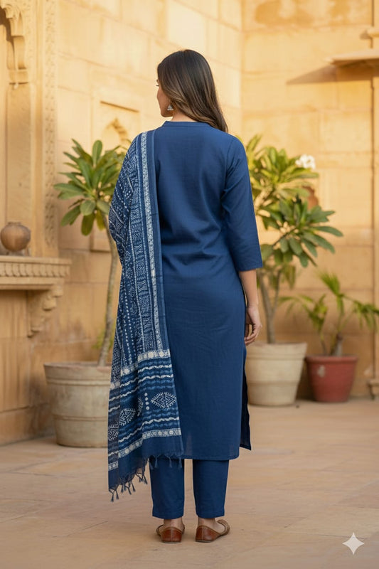 Navy blue kurtaset with Kalamkari dupatta