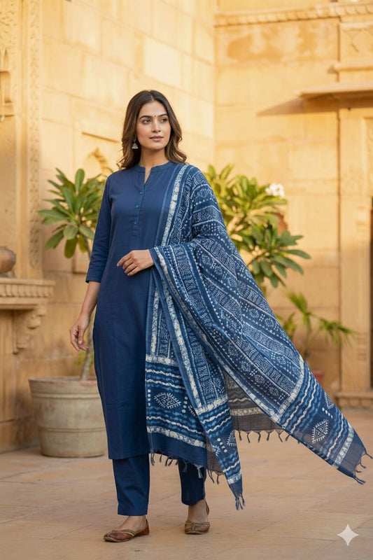 Navy blue kurtaset with Kalamkari dupatta