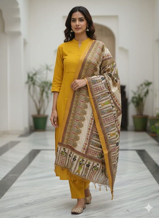 Mustard kurtaset with kalamkari dupatta