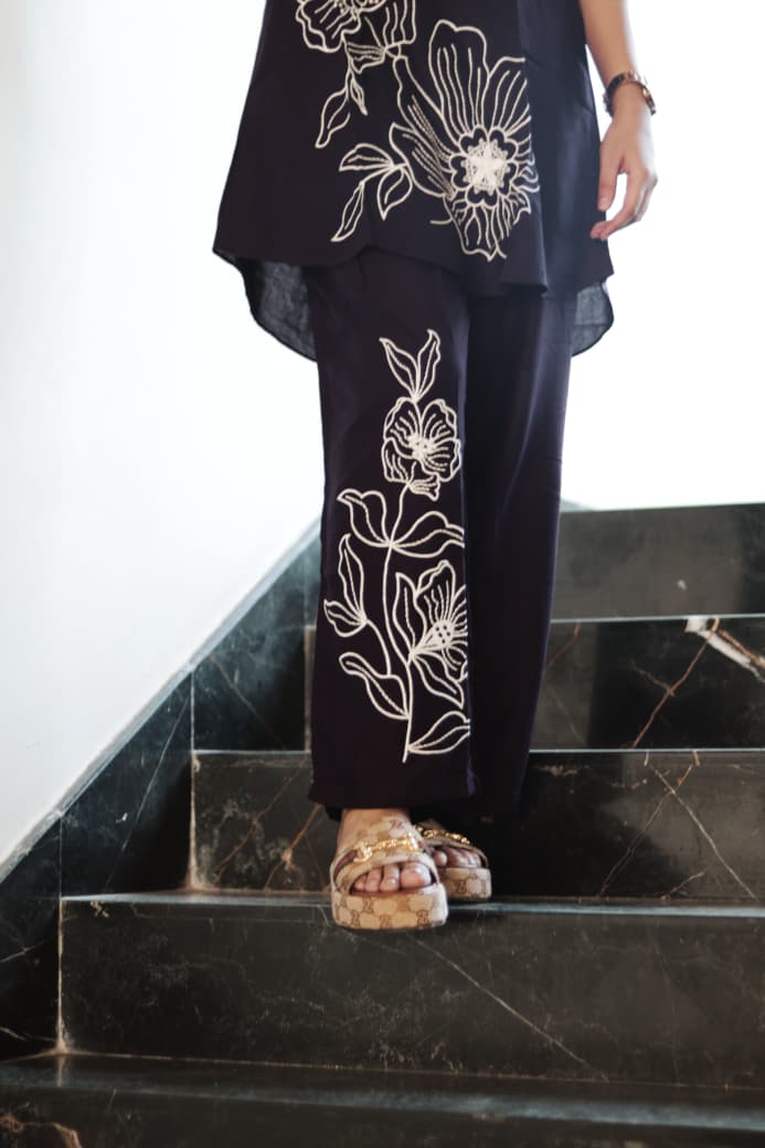 Wine floral embroidery co-ord set