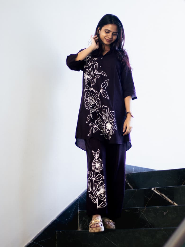 Wine floral embroidery co-ord set