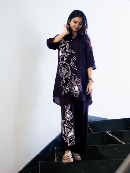 Wine floral embroidery co-ord set