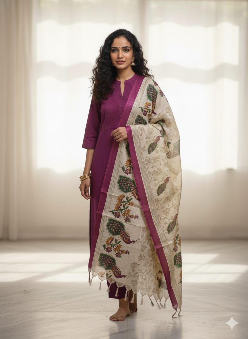 Wine kurtaset with kalamkari dupatta