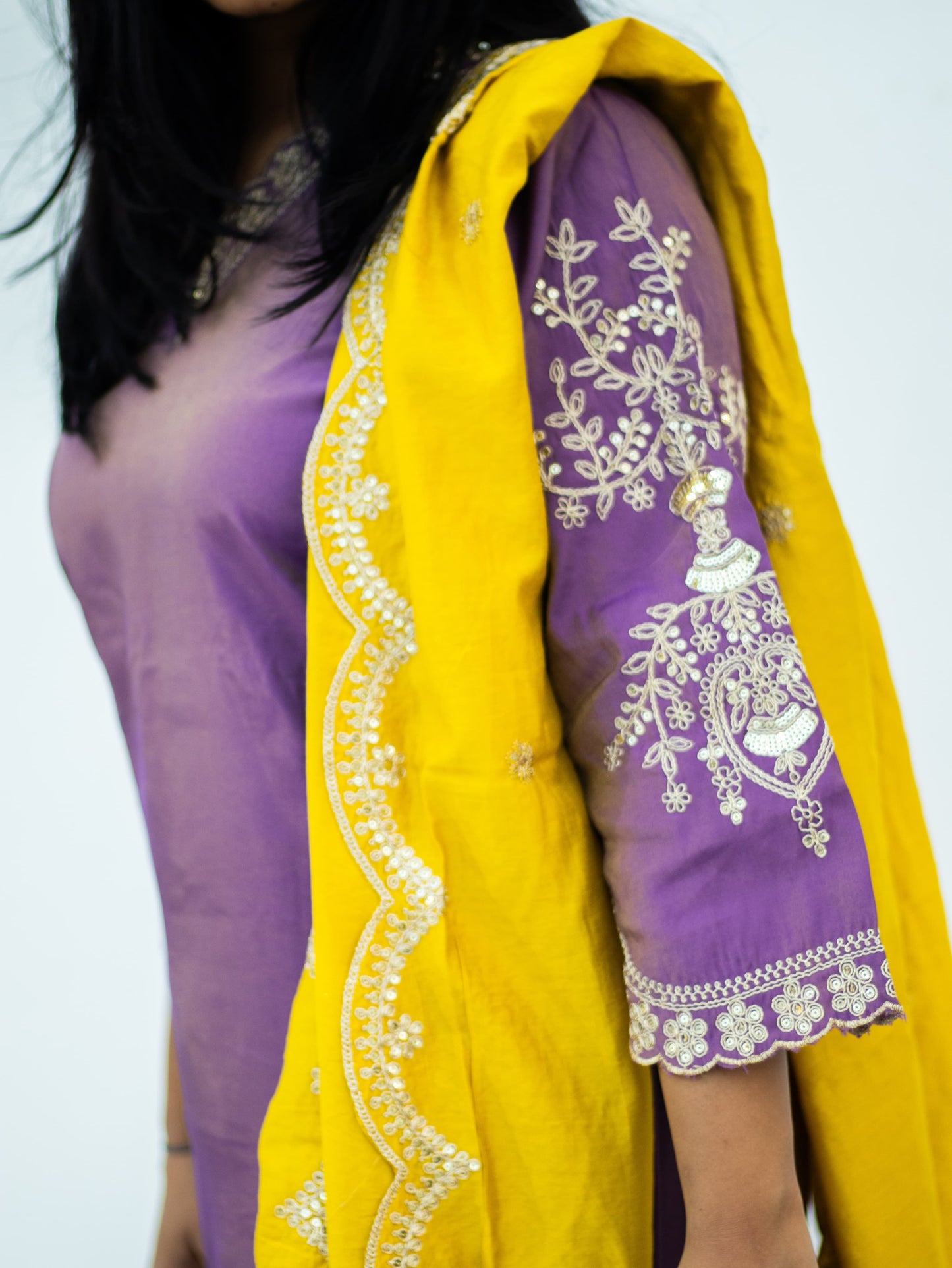 Lavender Silk Kurta Set With Yellow Designer Dupatta