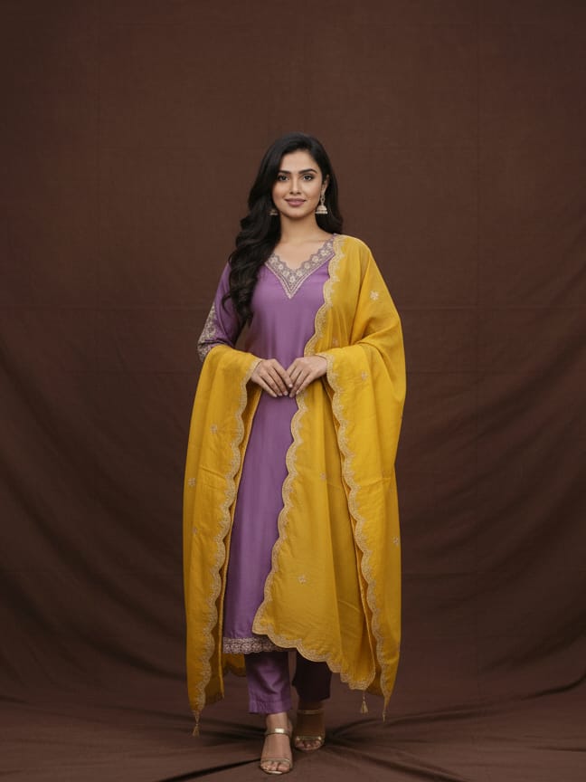 Lavender Silk Kurta Set With Yellow Designer Dupatta