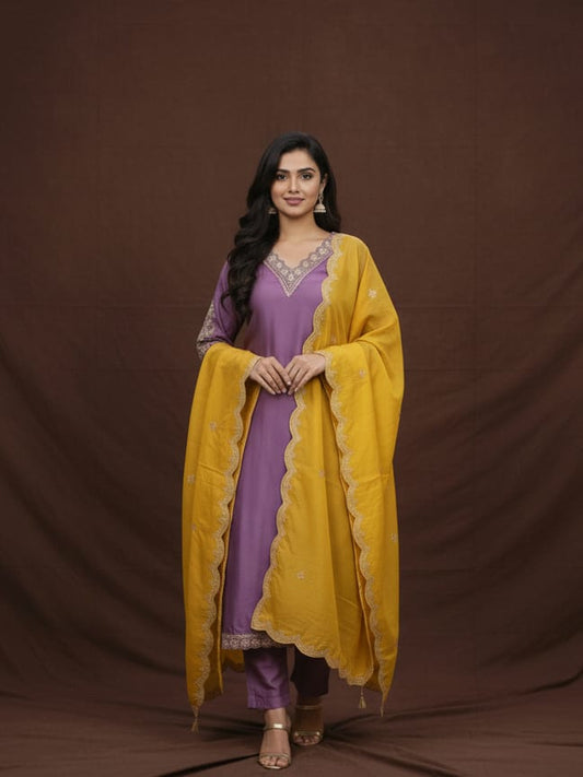 Lavender Silk Kurta Set With Yellow Designer Dupatta