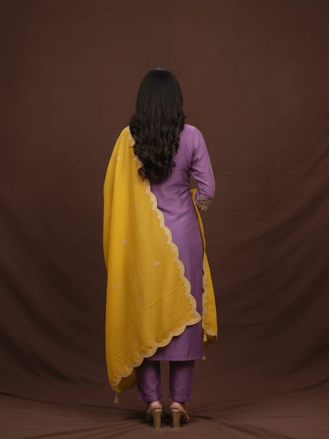 Lavender Silk Kurta Set With Yellow Designer Dupatta