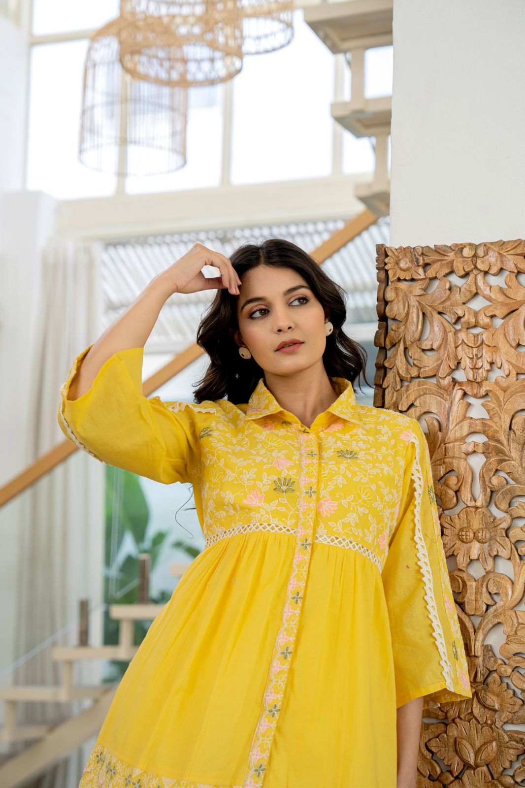 Yellow Pure cotton embroidery co-ord set