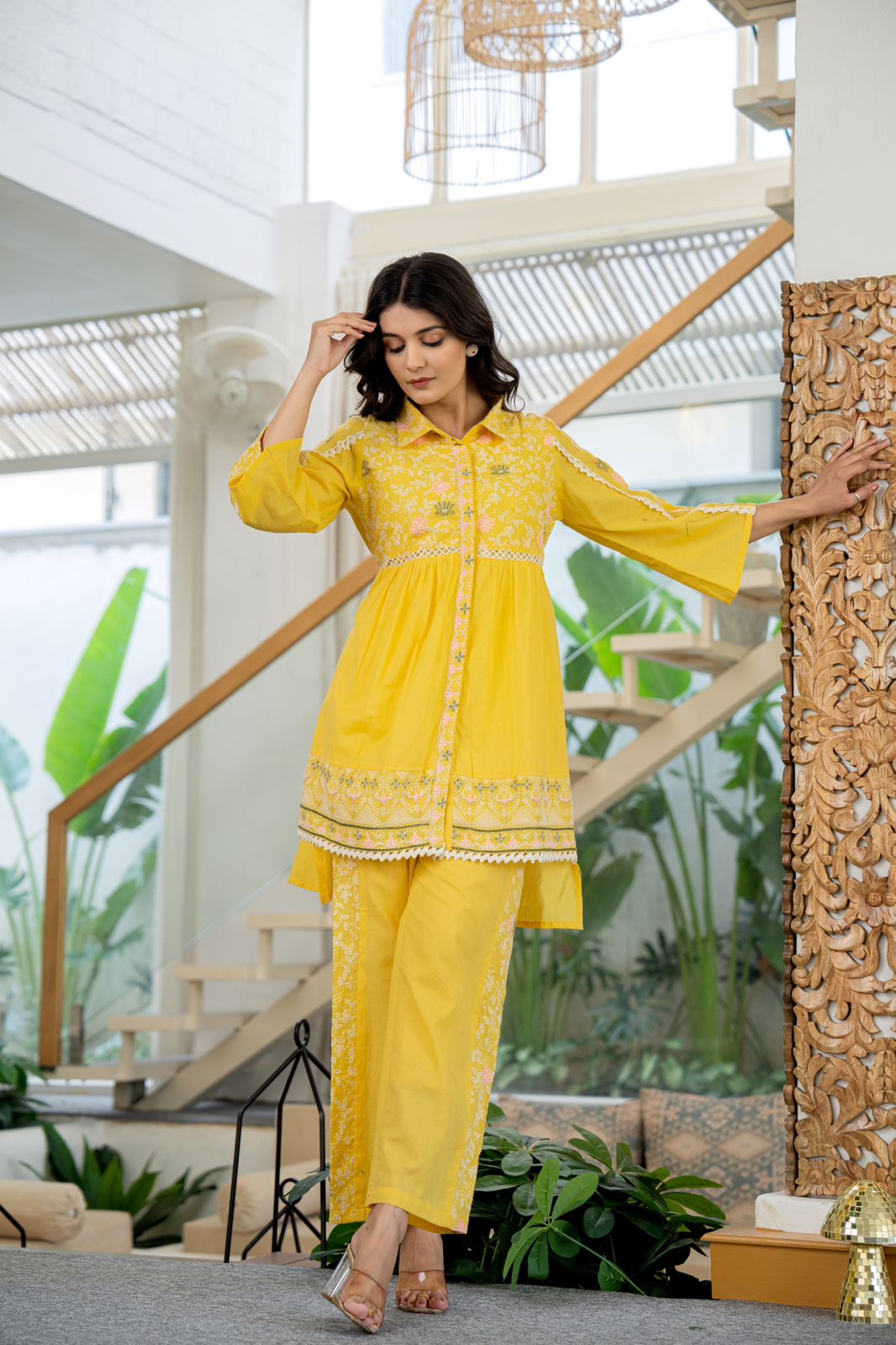 Yellow Pure cotton embroidery co-ord set