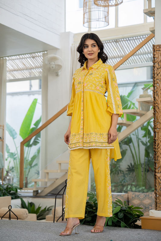 Yellow Pure cotton embroidery co-ord set